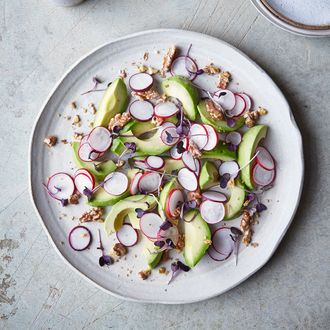 Avocado, radish and walnuts with carrot-miso dressing