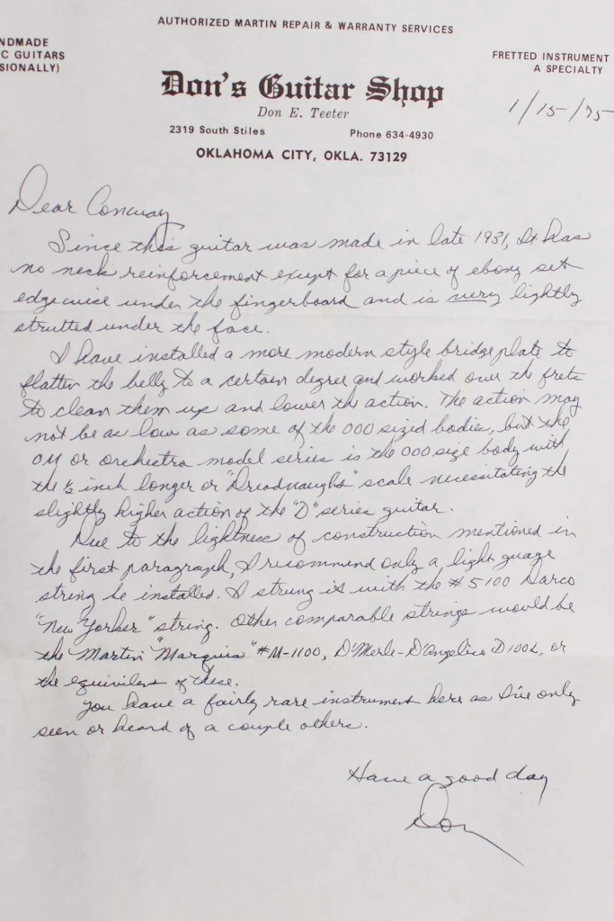 Letter to Conway Twitty form Martin repair person