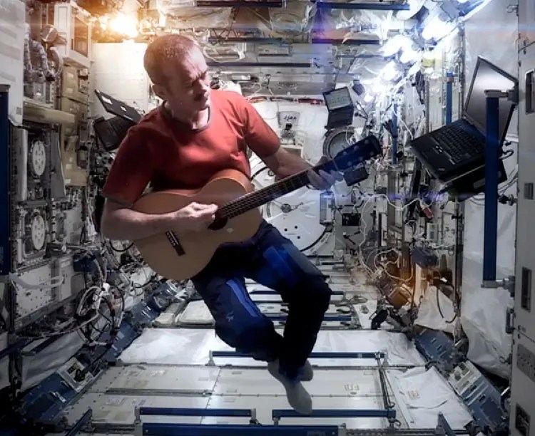 chris-hadfield-parlor-guitar-larrivee Chris Hadfield playing a Larrivée parlor guitar on the International Space Station.