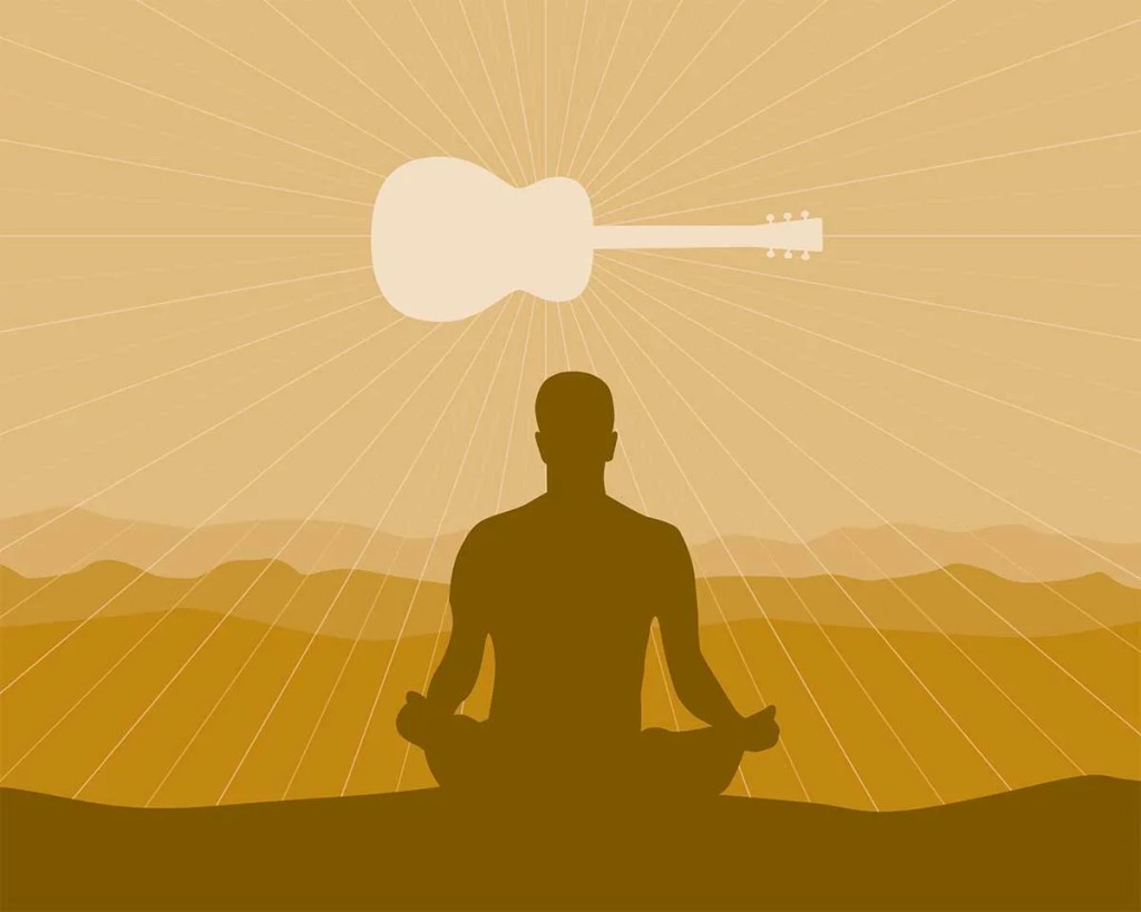 silhouette of person sitting cross-legged meditating with acoustic guitar floating above them. Illustration: Bill Evans
