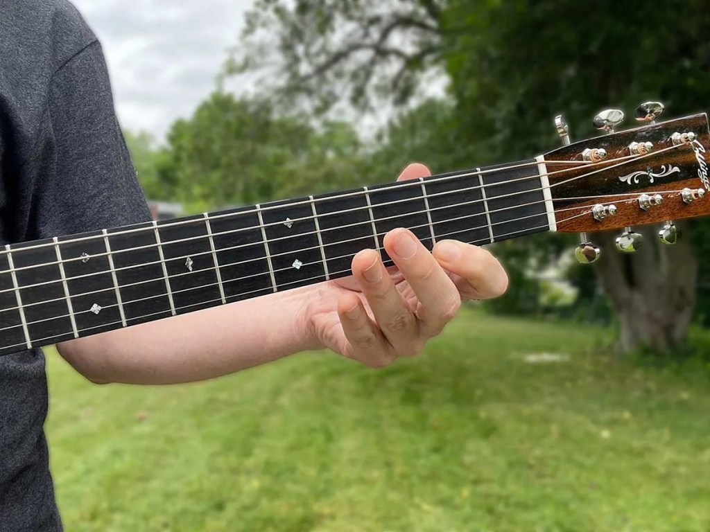 Hand playing notes on an acoustic guitar neck, Courtesy of Jeffrey Pepper Rodgers