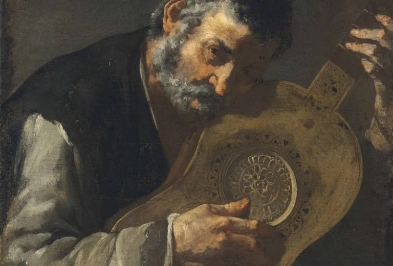Painting of man playing a guitar by master of the annunciation to the shepherds
